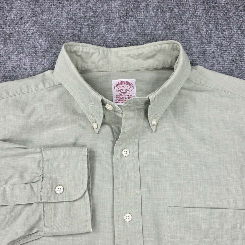 Brooks Brothers Shirt Mens 16.5 Green Solid Cotton Button Down Hong Kong Casual